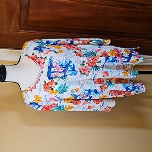 CATHY DANIELS TOP SHIRT 1X FLAMINGO FLORAL FLOWERS V-NECK PINK YELLOW BL…